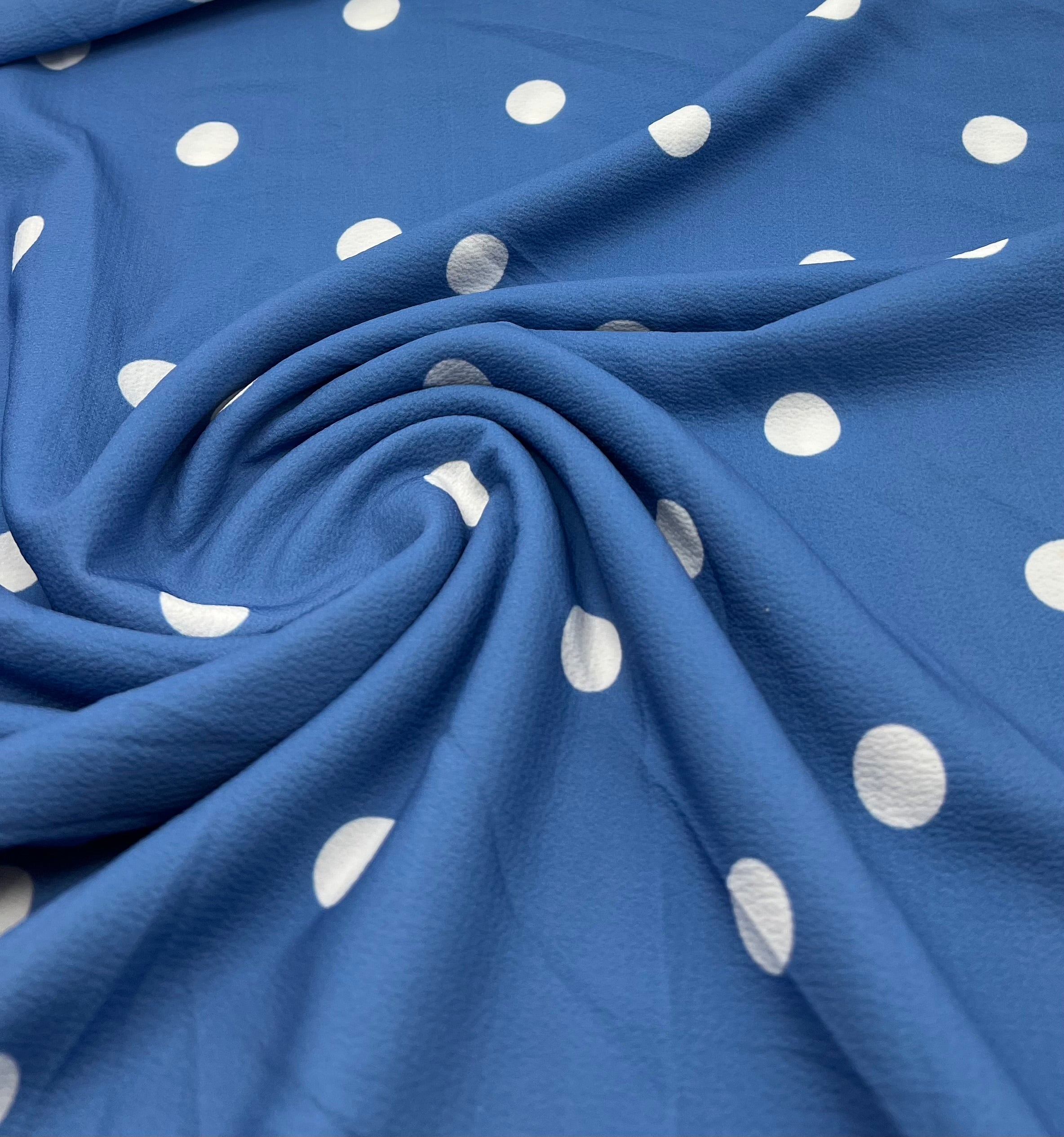 Blue White Polka Print Lightweight Bubble Crepe Fabric